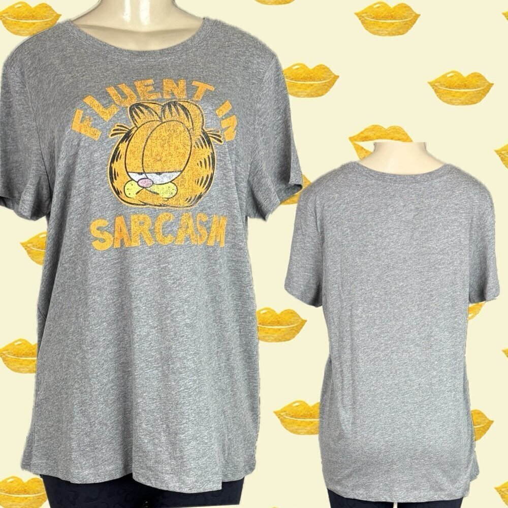 Nickelodeon +5 Gray Garfield Fluent In Sarcasm Graphic Crew Short Sleeve Tee